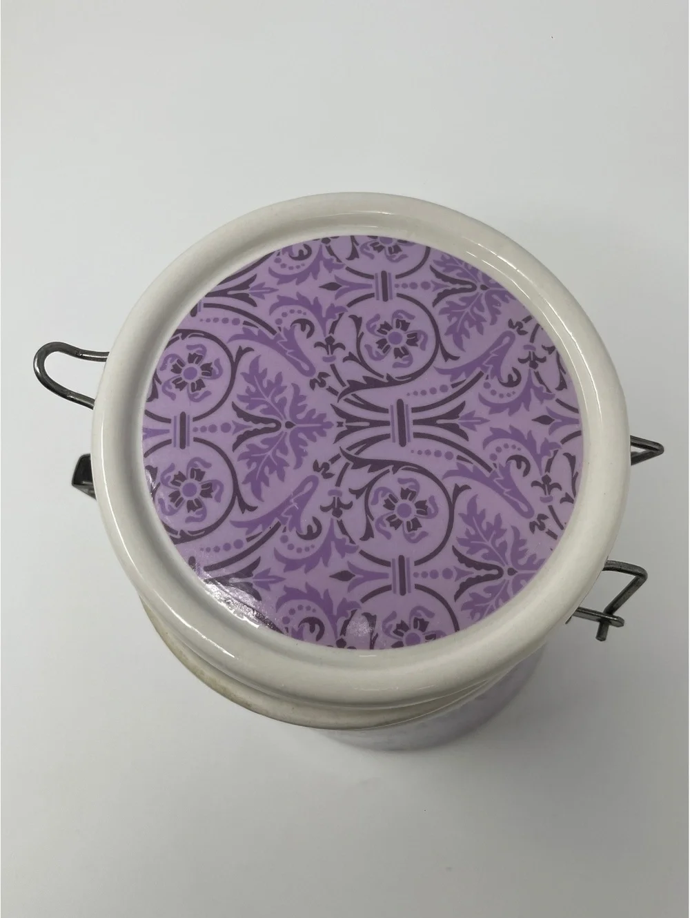 Vintage Purple Floral Ceramic Jar Canister Storage Container Wire Metal Clamp